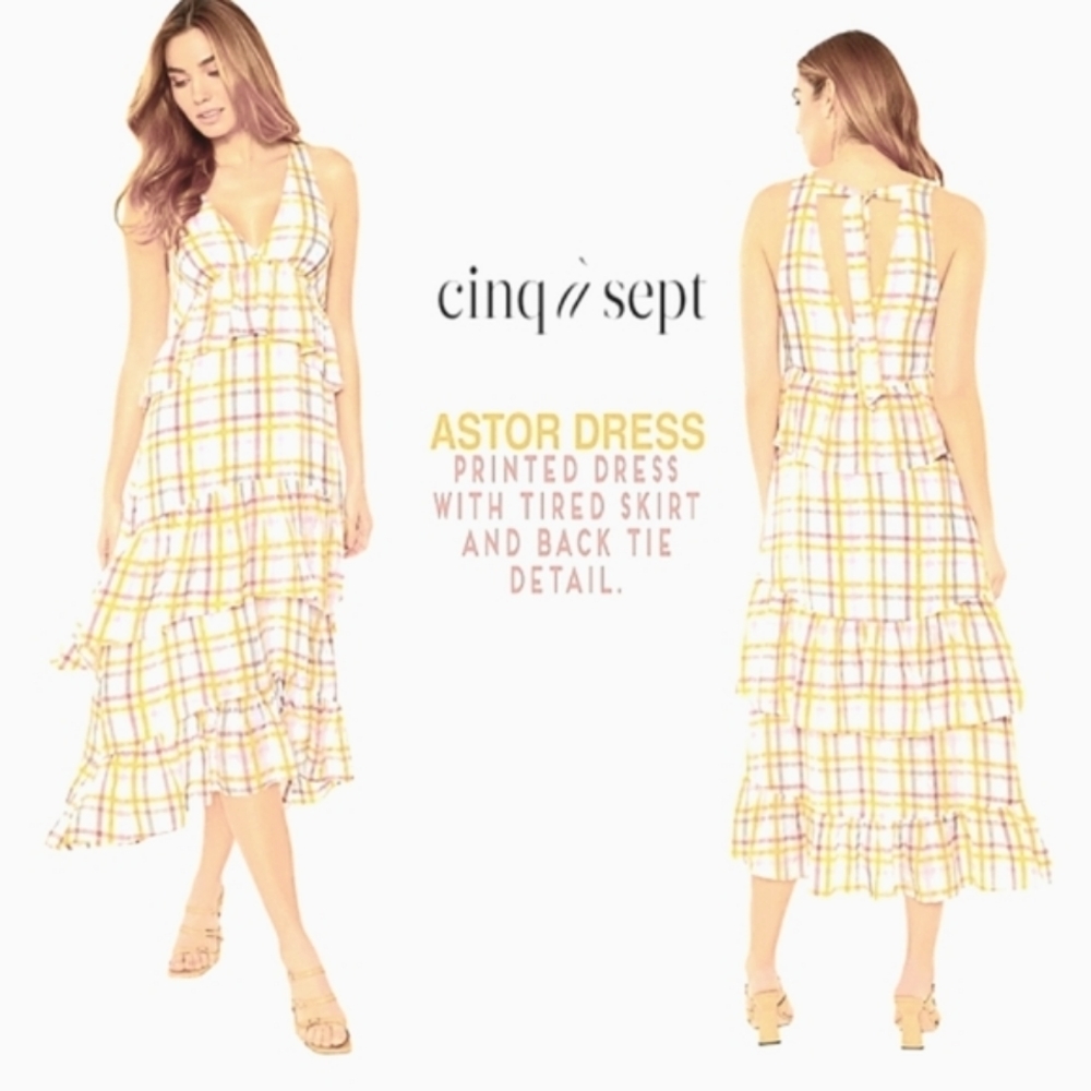 🎀Clearance🎀 NWT CINQ A Sept midi dress tiered ruffled W/ back tie Luxury - Picture 3 of 12